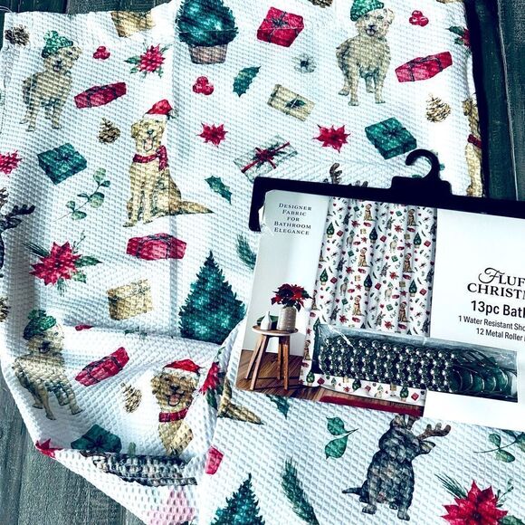 Christmas Dogs Holiday 13-pc Shower Curtain Bath Set - Picture 1 of 5